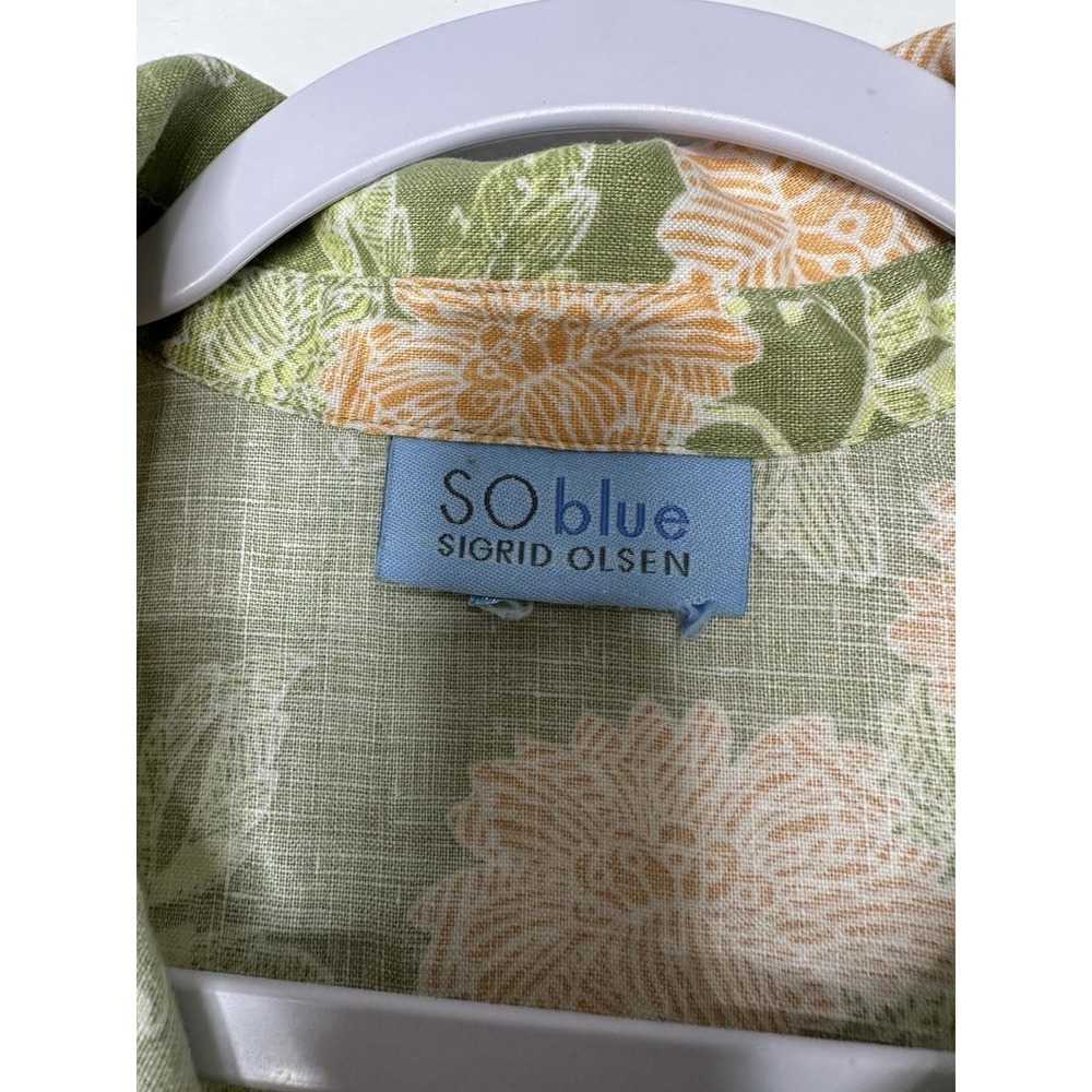 Sigrid Olsen Blue Linen Shirt Size M Green Floral Short Sleeve Button up - Picture 3 of 11